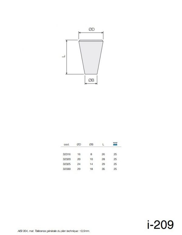 Bouton conique inox diamètre 12 mm mm